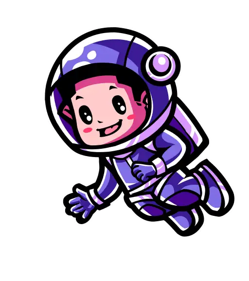 Blue cartoon child astronaut character floating in space