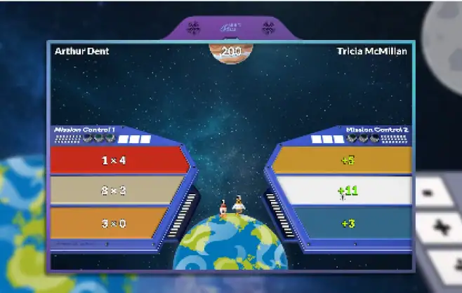 Kids retro game activity with space themed score screen
