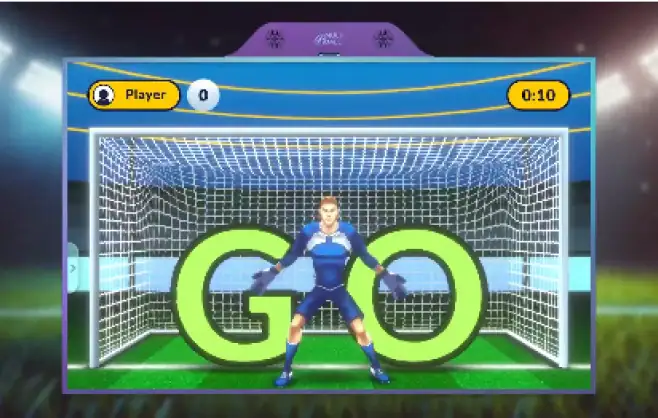 Kids indoor sports football arcade game screen with goalkeeper challenge
