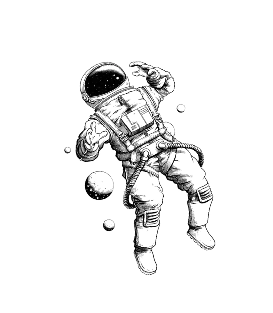 Black and white floating astronaut illustration with planets