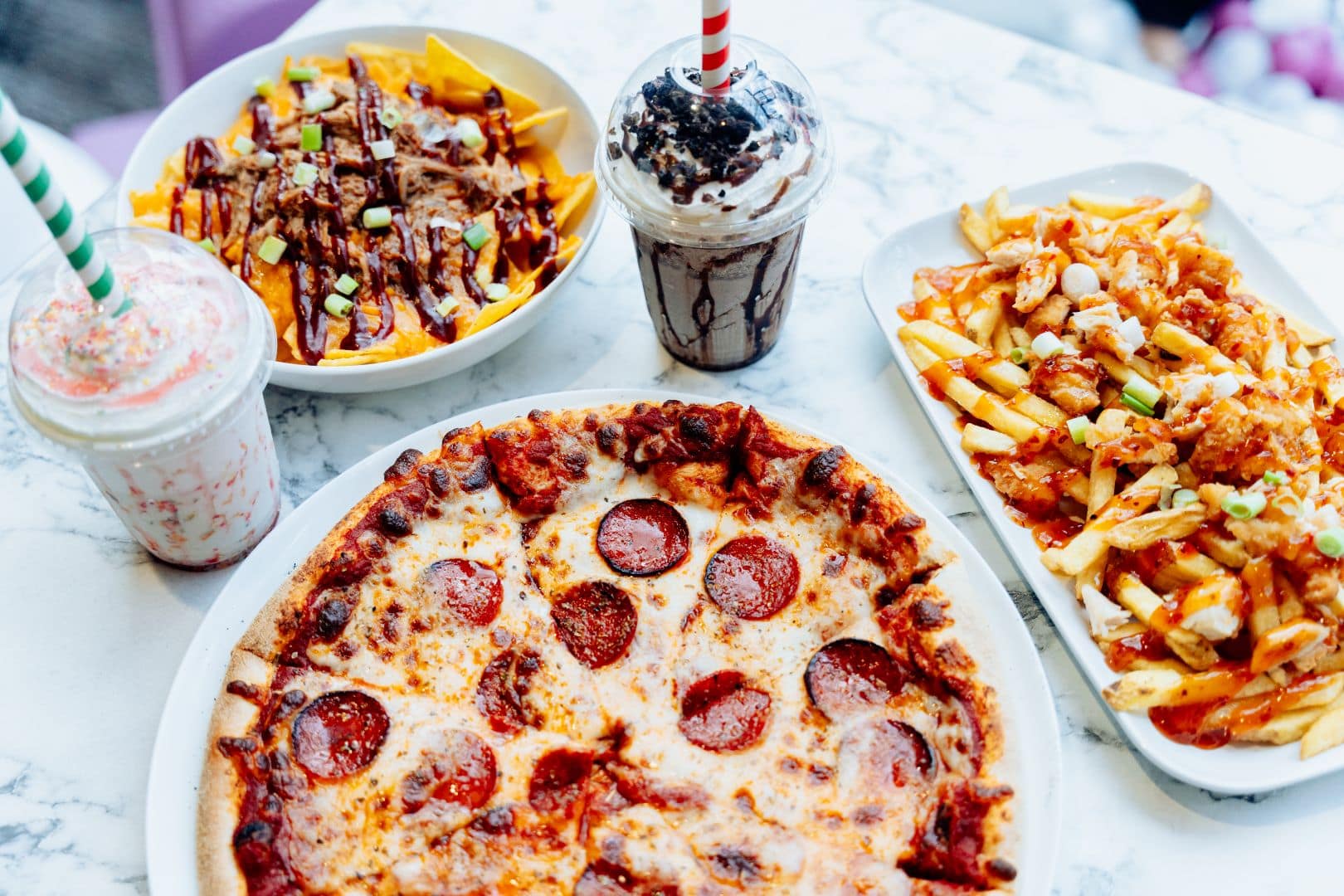 Pepperoni Pizza with Loaded Fries and Milkshakes